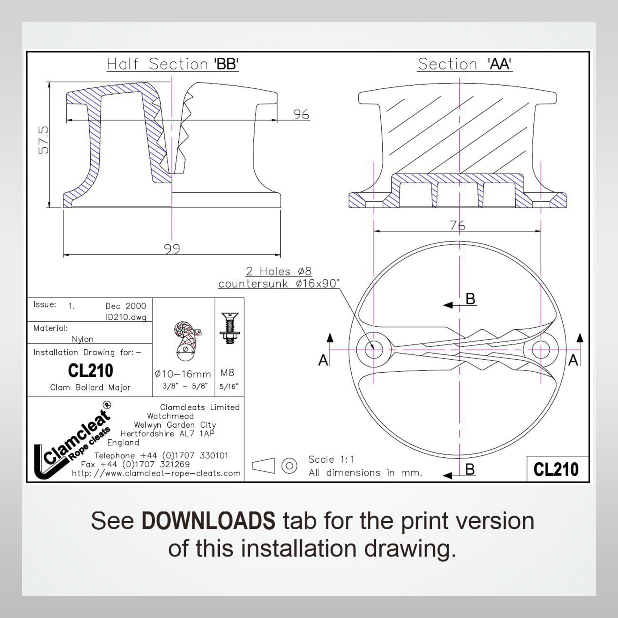 Clamcleat bollard clamp CL208 CL210 Clam-Bollard
