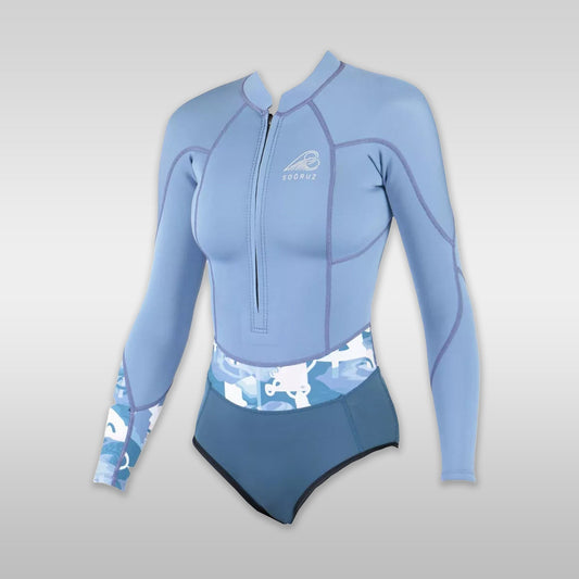 Surfshop windsurfshop Soöruz Neopren Neoprenanzug Wetsuit Women Shorty LS Mini Front-Zip Organic Oysterprene Blue